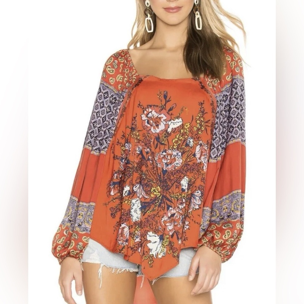 Free People Positano Printed Boho Floral Top Blouse